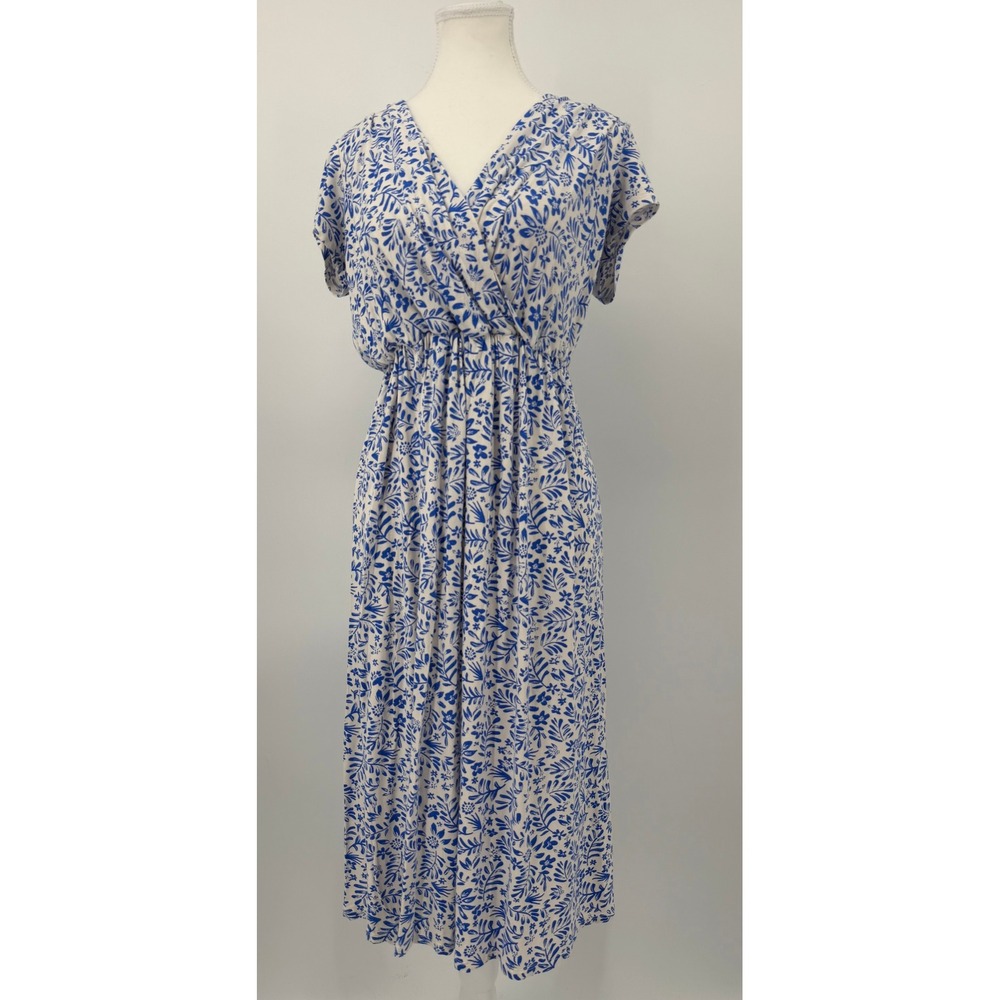 ModCloth Blue‎ White Botanical Floral Surplice Wrap Midi Dress Medium Cap Sleeve